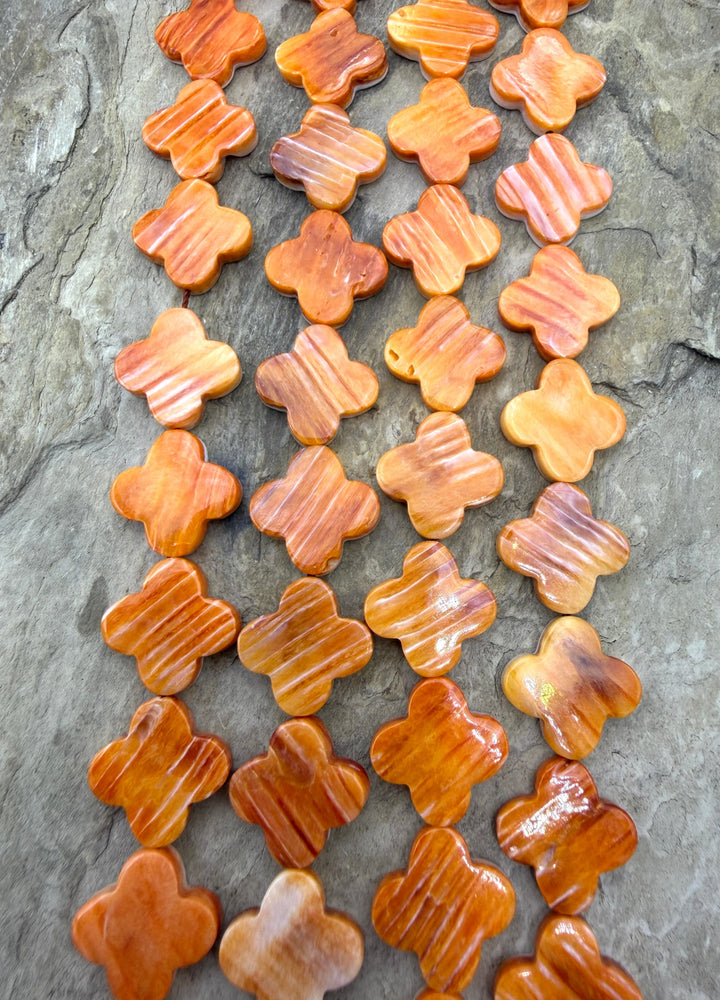 Orange Spiny Oyster Quatrefoil 15mm Beads 16 Inch Strand/27