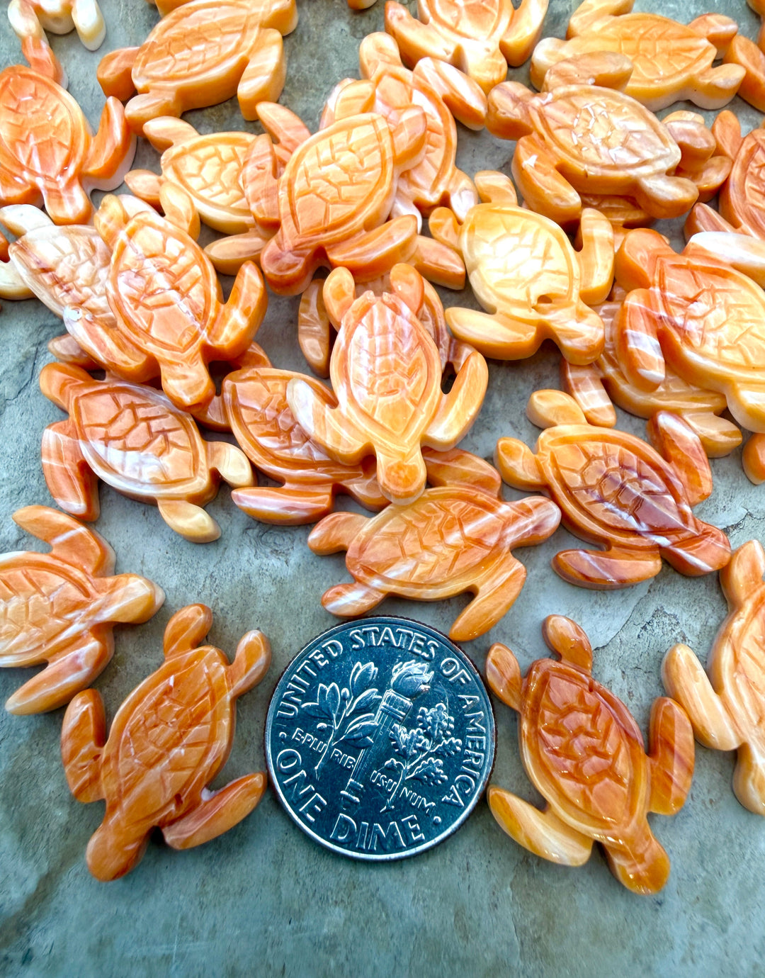 Orange Spiny Oyster Shell Carved Turtle Beads 15x20mm