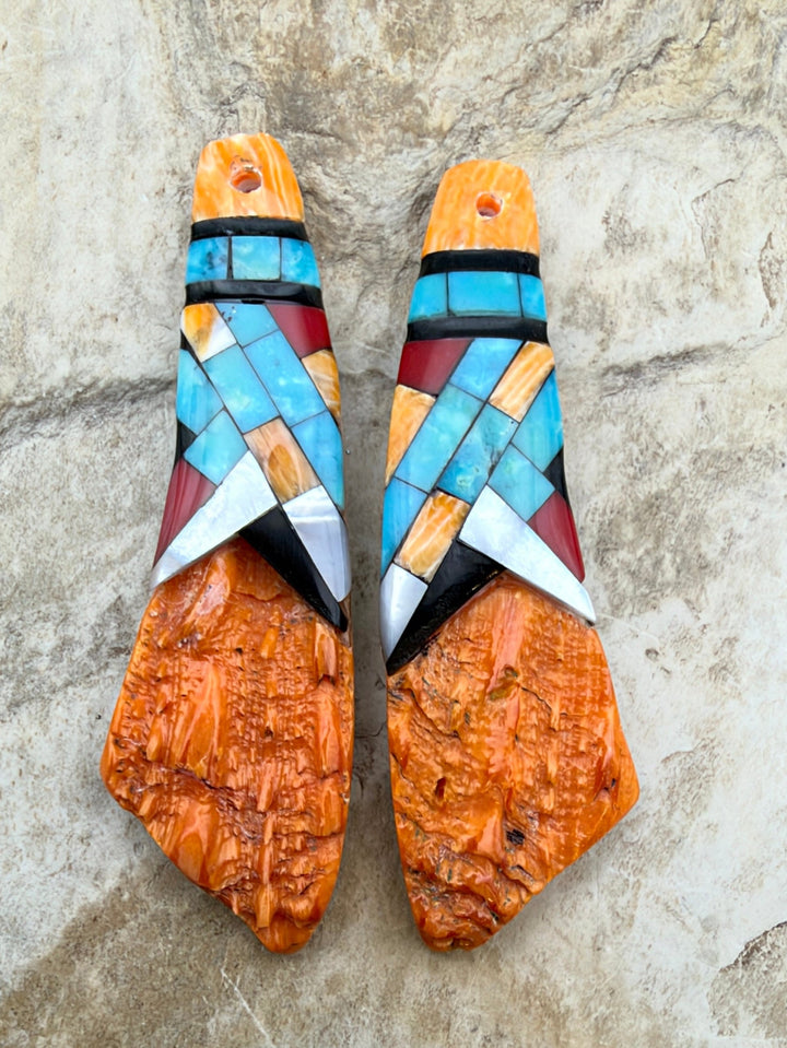 Orange Spiny Oyster with Hand Pieced Inlay Earring Slab