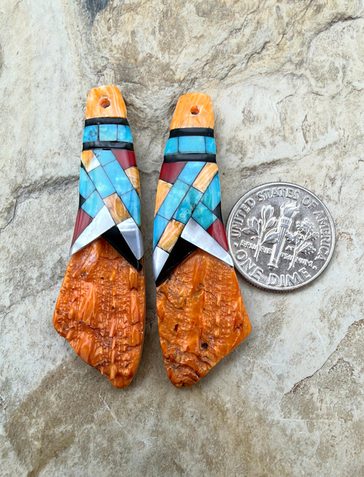 Orange Spiny Oyster with Hand Pieced Inlay Earring Slab