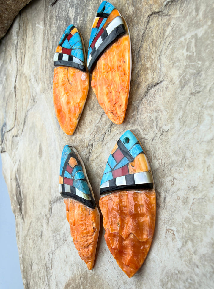 Orange Spiny Oyster with Hand Pieced Inlay Earring Slab