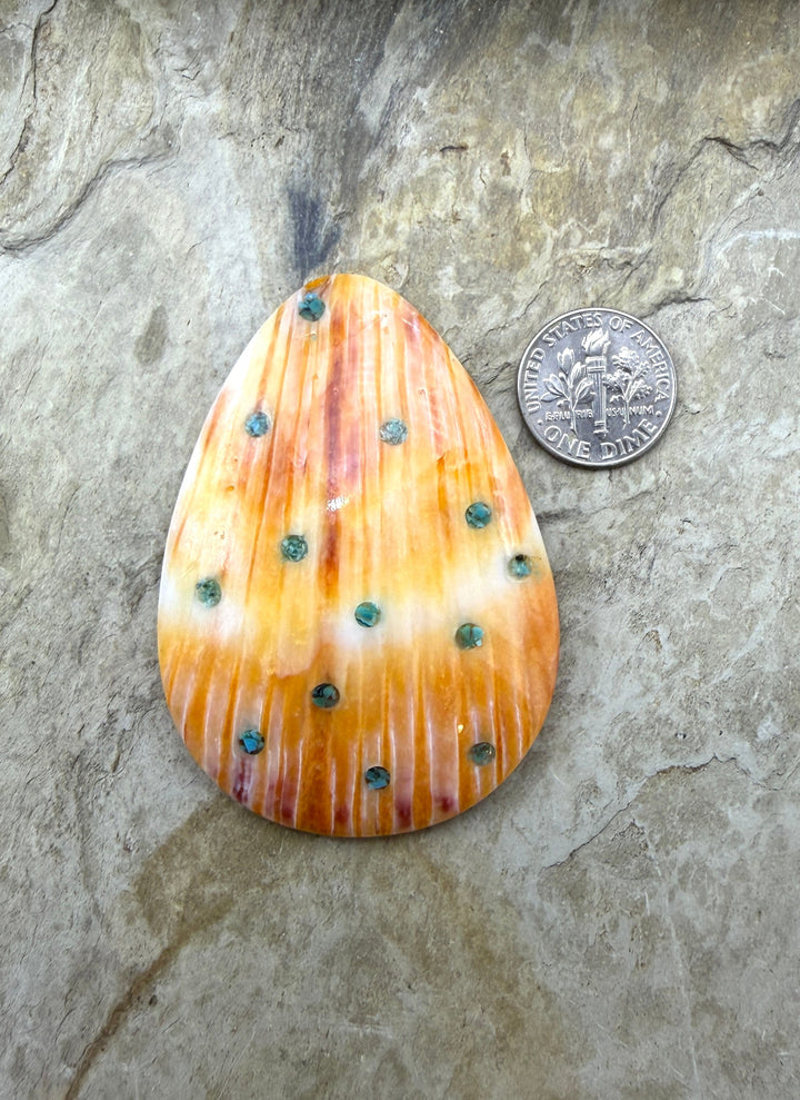 Orange Spiny Oyster With Turquoise Inlay BIG Focal Bead