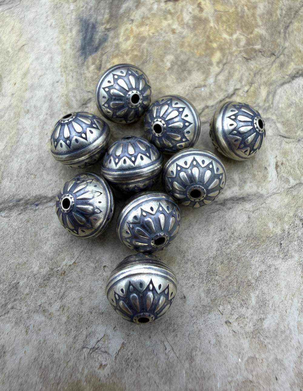Oxidized Sterling Silver 10mm Round Beads Stamped Starburst