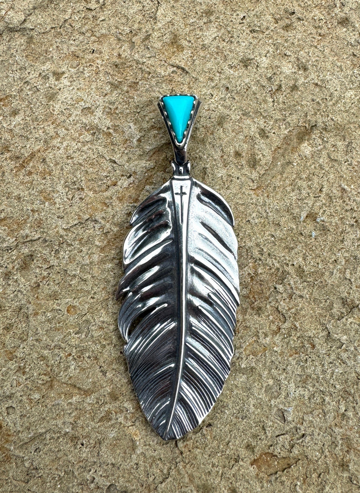 Oxidized Sterling Silver and Turquoise Feather Pendant