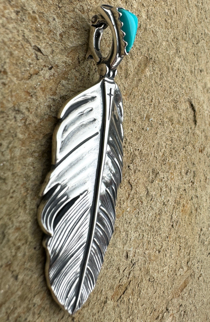 Oxidized Sterling Silver and Turquoise Feather Pendant