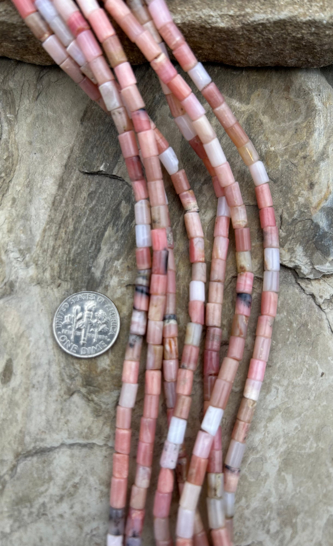 Peruvian Pink Opal 4-6mm Faceted Tube Beads 16 Inch Strand