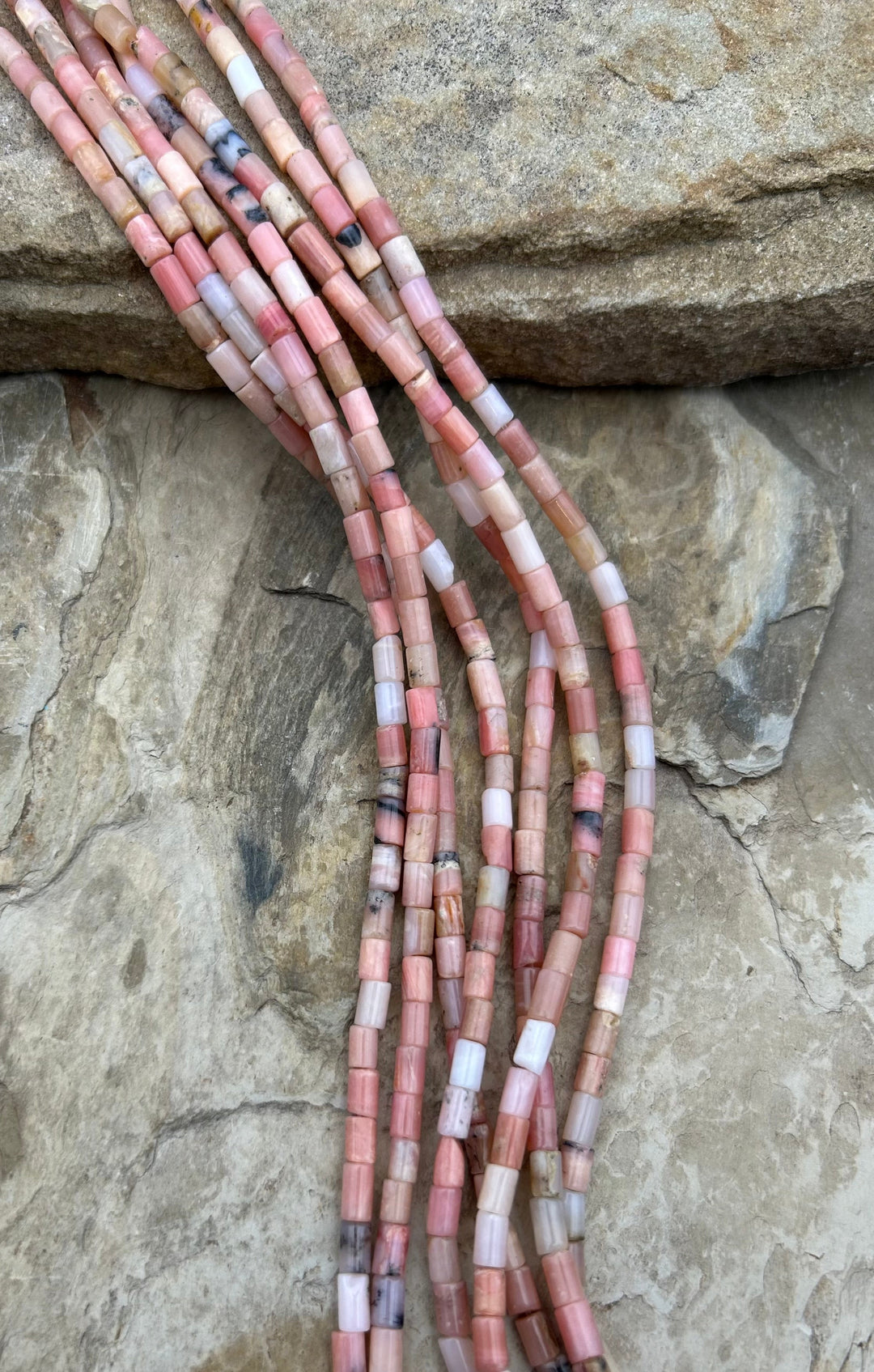 Peruvian Pink Opal 4-6mm Faceted Tube Beads 16 Inch Strand
