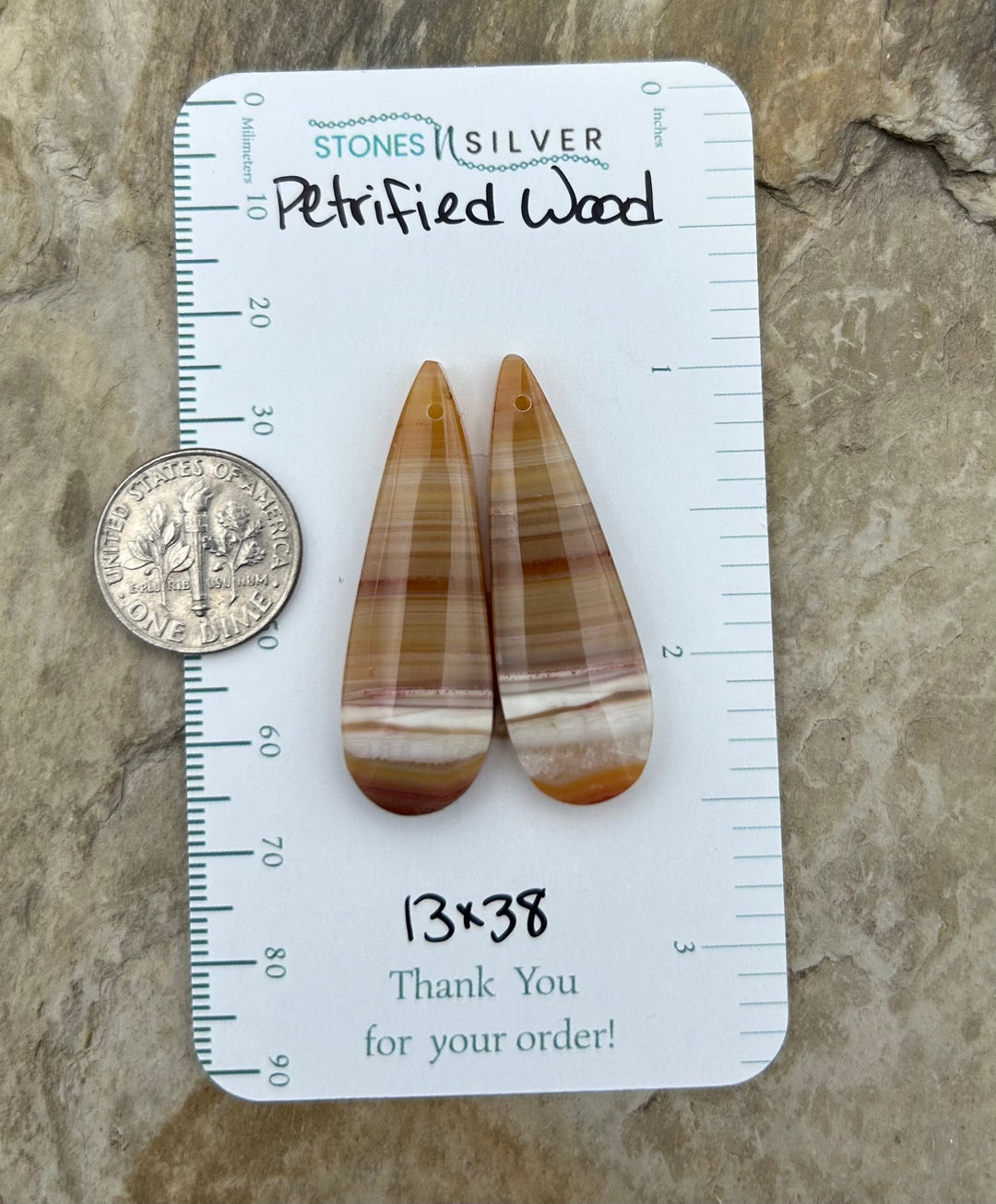 Petrified Wood Matching Earring Slab Bead Pair 13x38mm