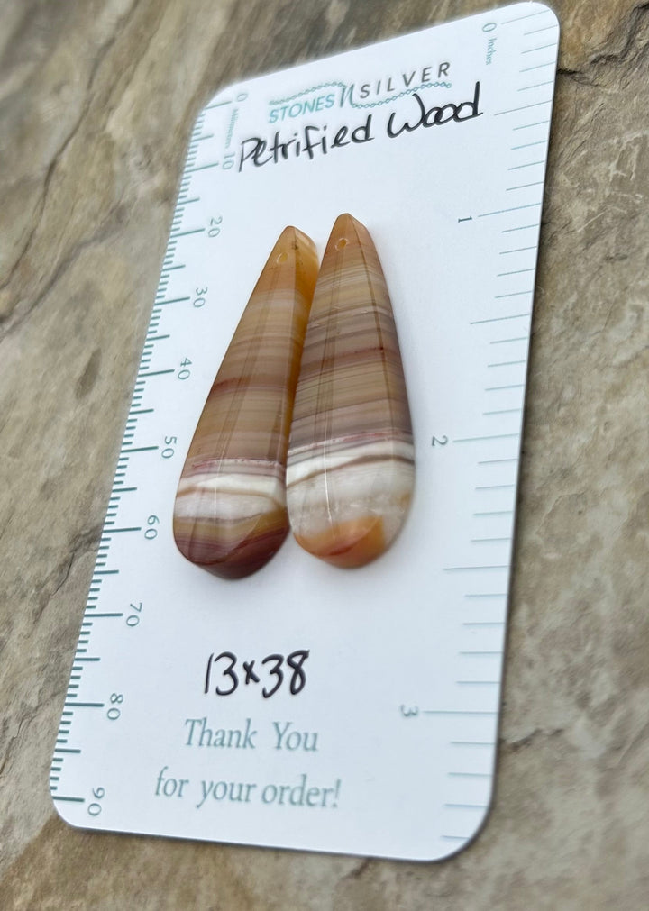 Petrified Wood Matching Earring Slab Bead Pair 13x38mm