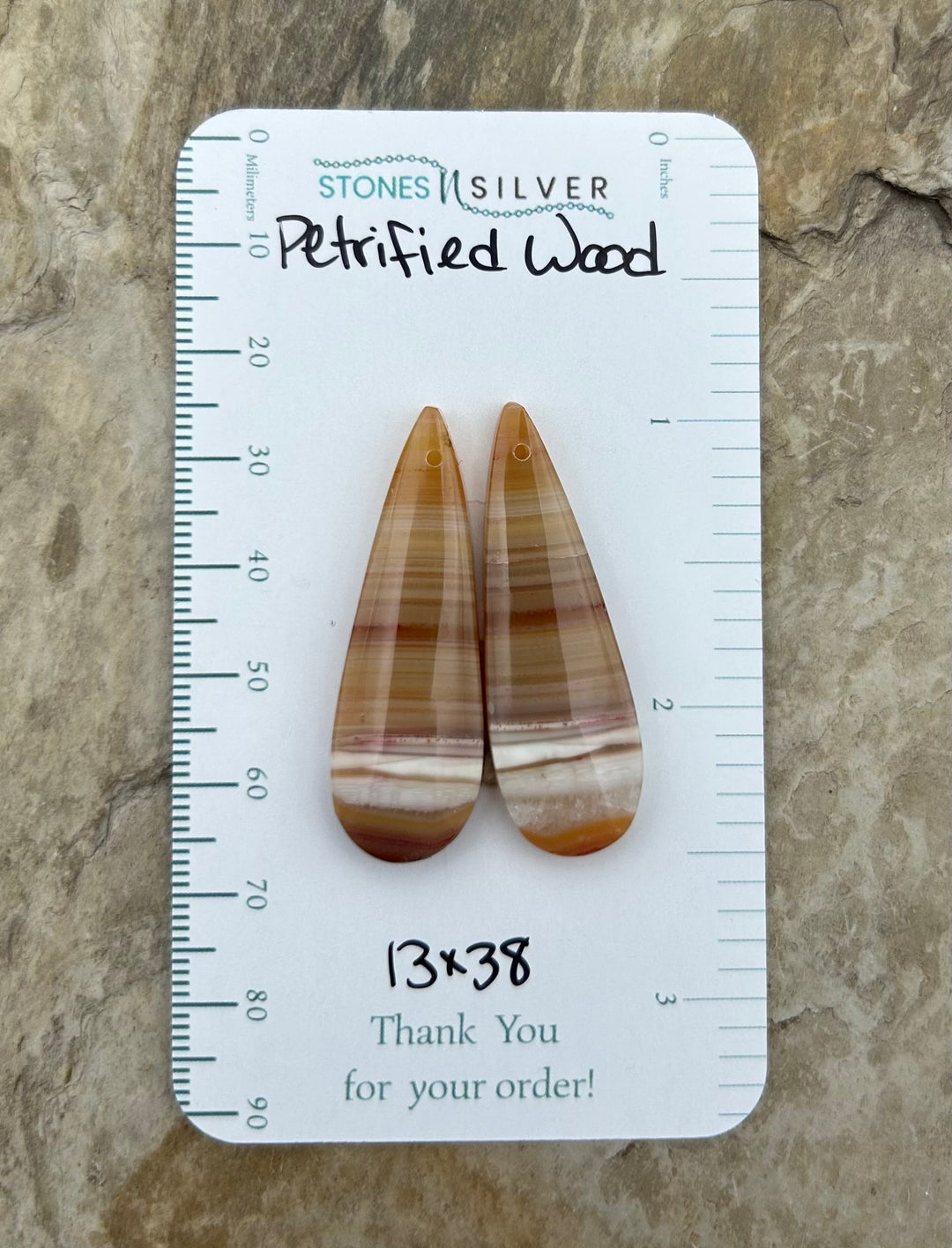 Petrified Wood Matching Earring Slab Bead Pair 13x38mm