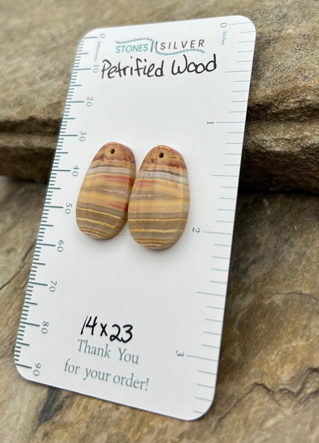 Petrified Wood Matching Earring Slab Bead Pair 14x23mm