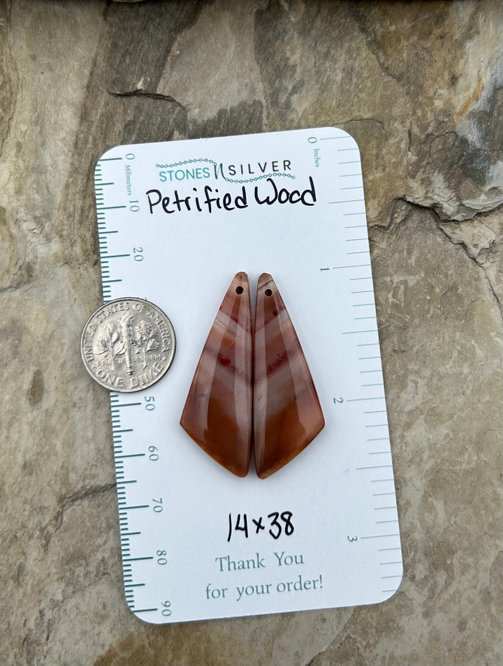 Petrified Wood Matching Earring Slab Bead Pair 14x38mm