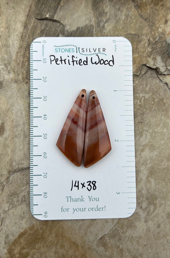 Petrified Wood Matching Earring Slab Bead Pair 14x38mm
