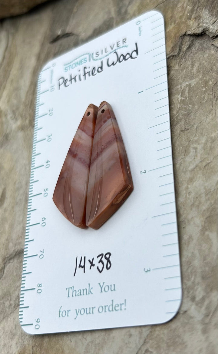 Petrified Wood Matching Earring Slab Bead Pair 14x38mm