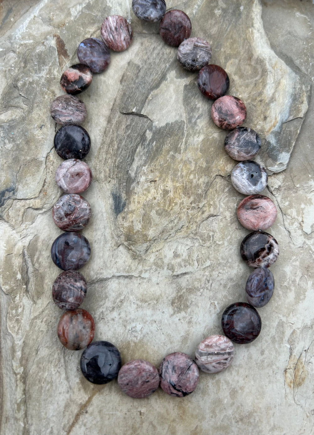 Pink Petrified Wood Coin Beads 15mm 16 inch strand/25 beads