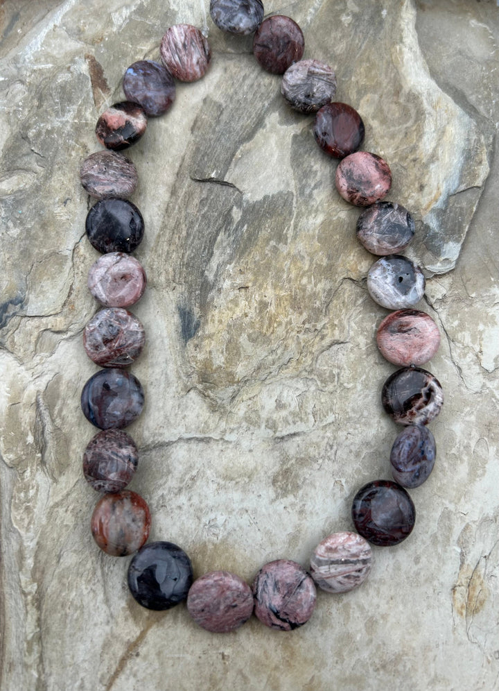 Pink Petrified Wood Coin Beads 15mm 16 inch strand/25 beads