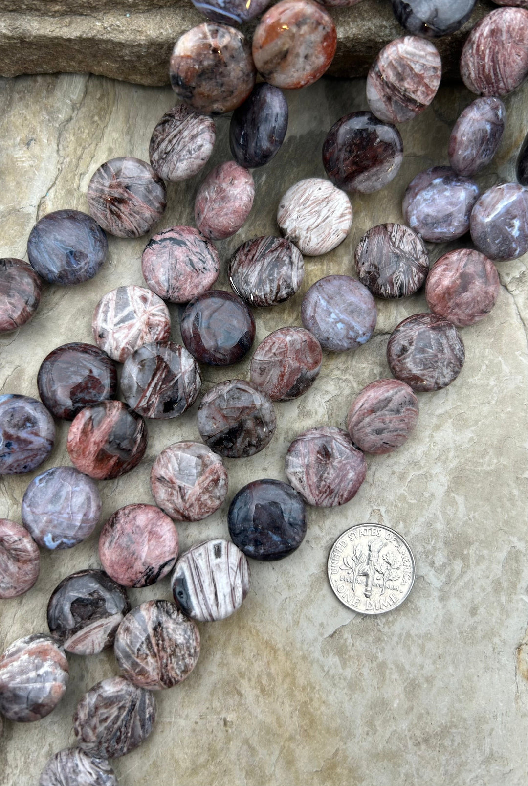 Pink Petrified Wood Coin Beads 15mm 16 inch strand/25 beads