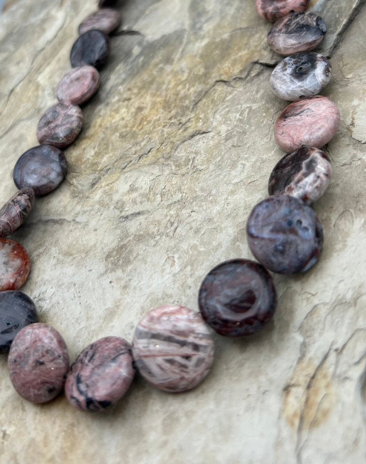 Pink Petrified Wood Coin Beads 15mm 16 inch strand/25 beads