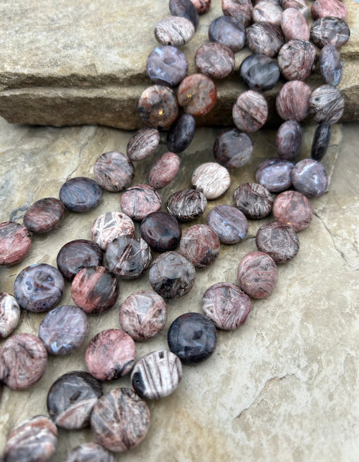 Pink Petrified Wood Coin Beads 15mm 16 inch strand/25 beads