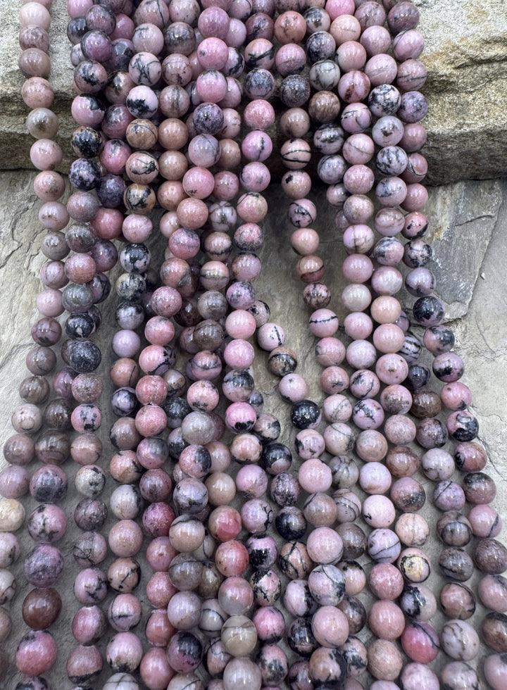 Pink Rhodonite 6mm Round Beads 16 inch Strand - Rhodonite