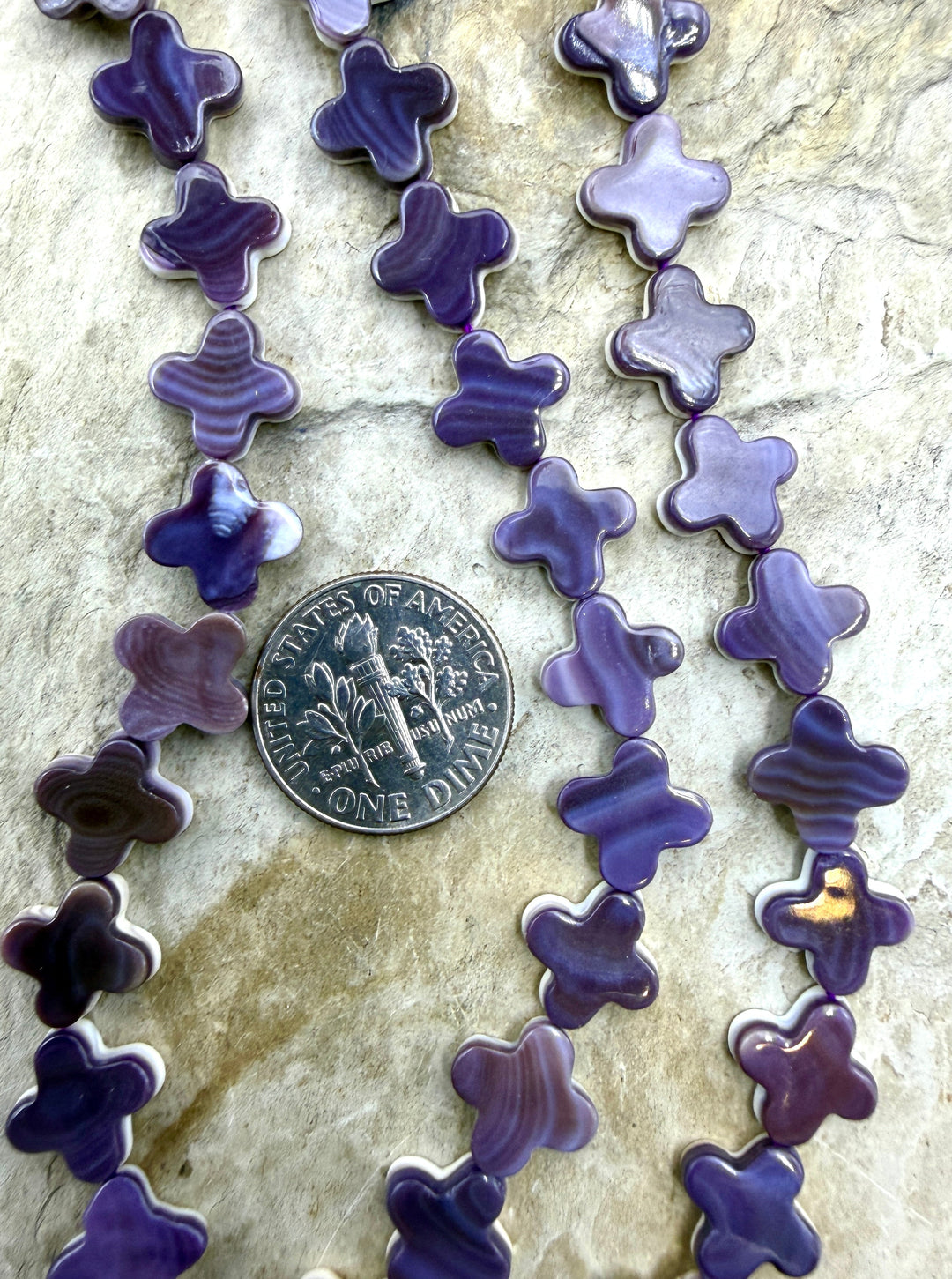 Purple Wampum/Quahog Shell 10mm Quatrafoil Beads 16 Inch