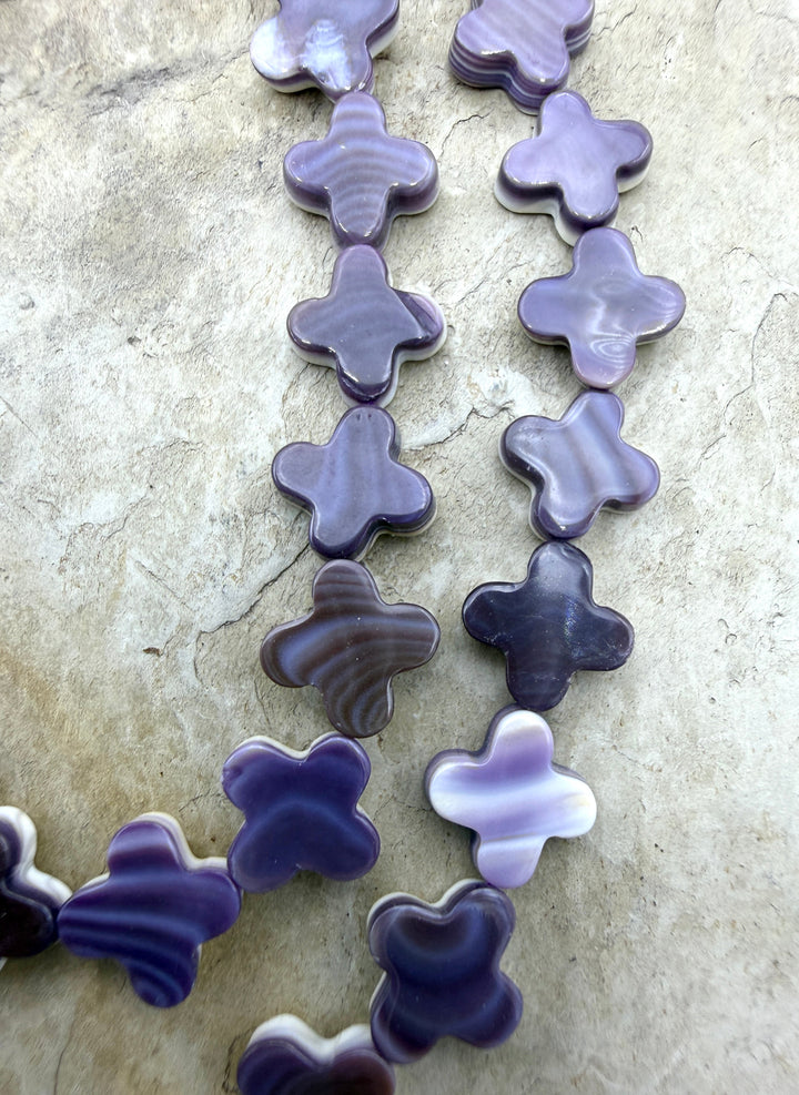 Purple Wampum/Quahog Shell 10mm Rounded Cross Beads 16 Inch