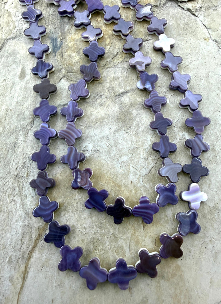 Purple Wampum/Quahog Shell 10mm Rounded Cross Beads 16 Inch