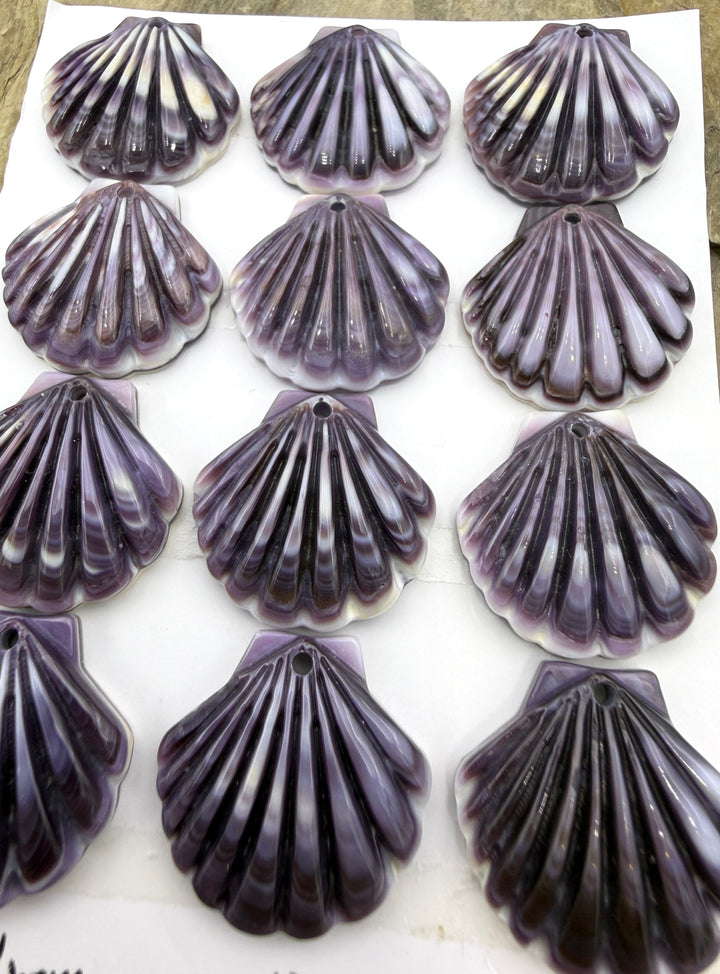 Purple Wampum/Quahog Shell Carved Sea Shell Focal Pendant