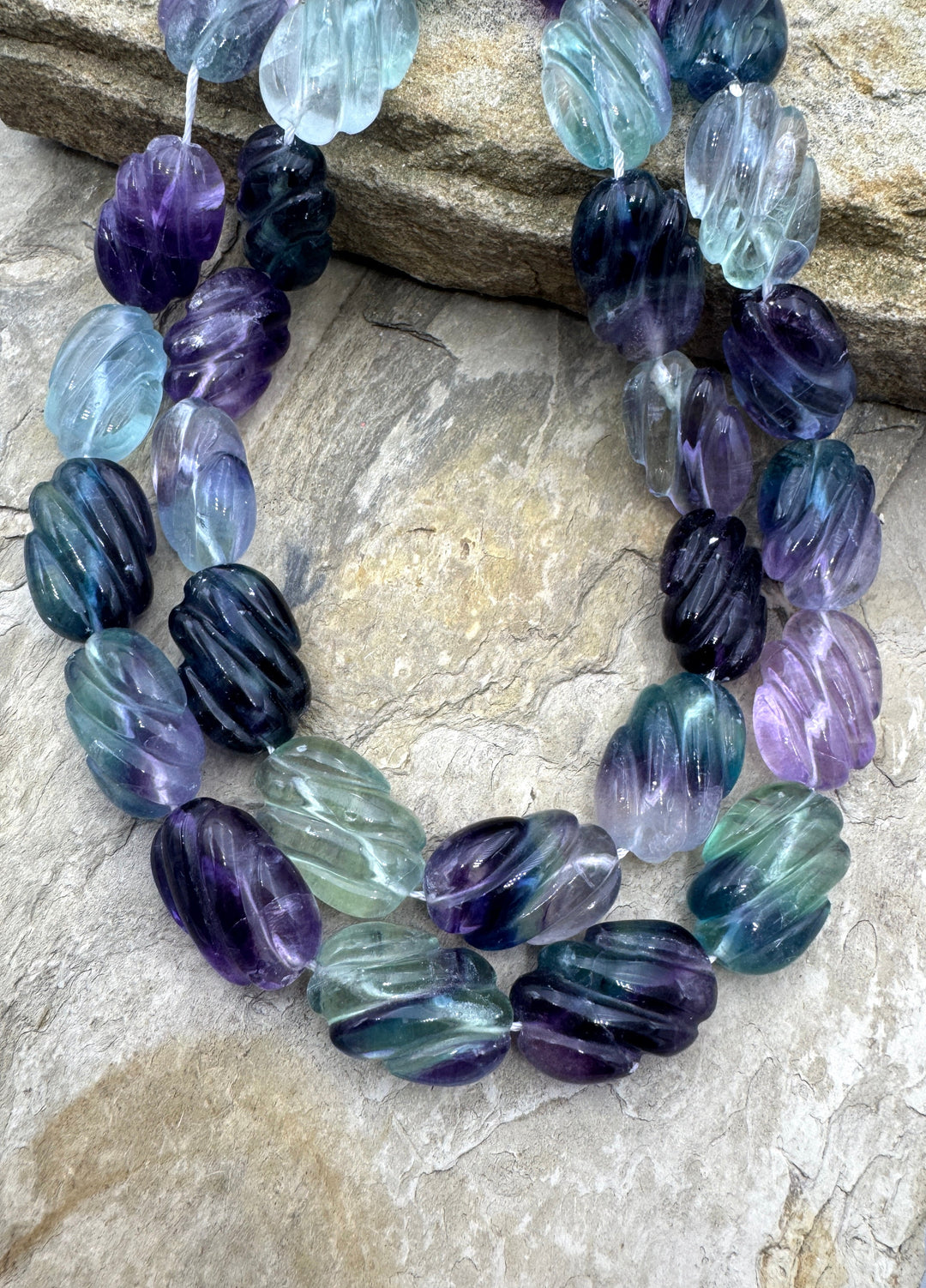 Rainbow Fluorite 10mm Big Carved 11x18mm Beads 16 inch