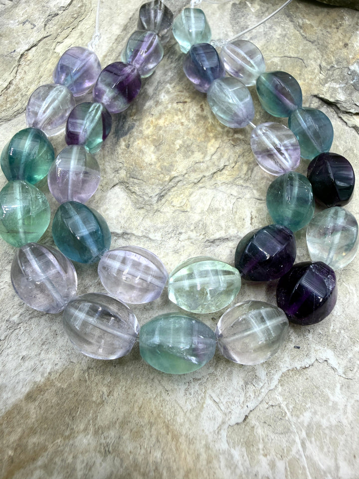 Rainbow Fluorite 10x15 Fancy Melon Beads/8 Inch Strand/ 14