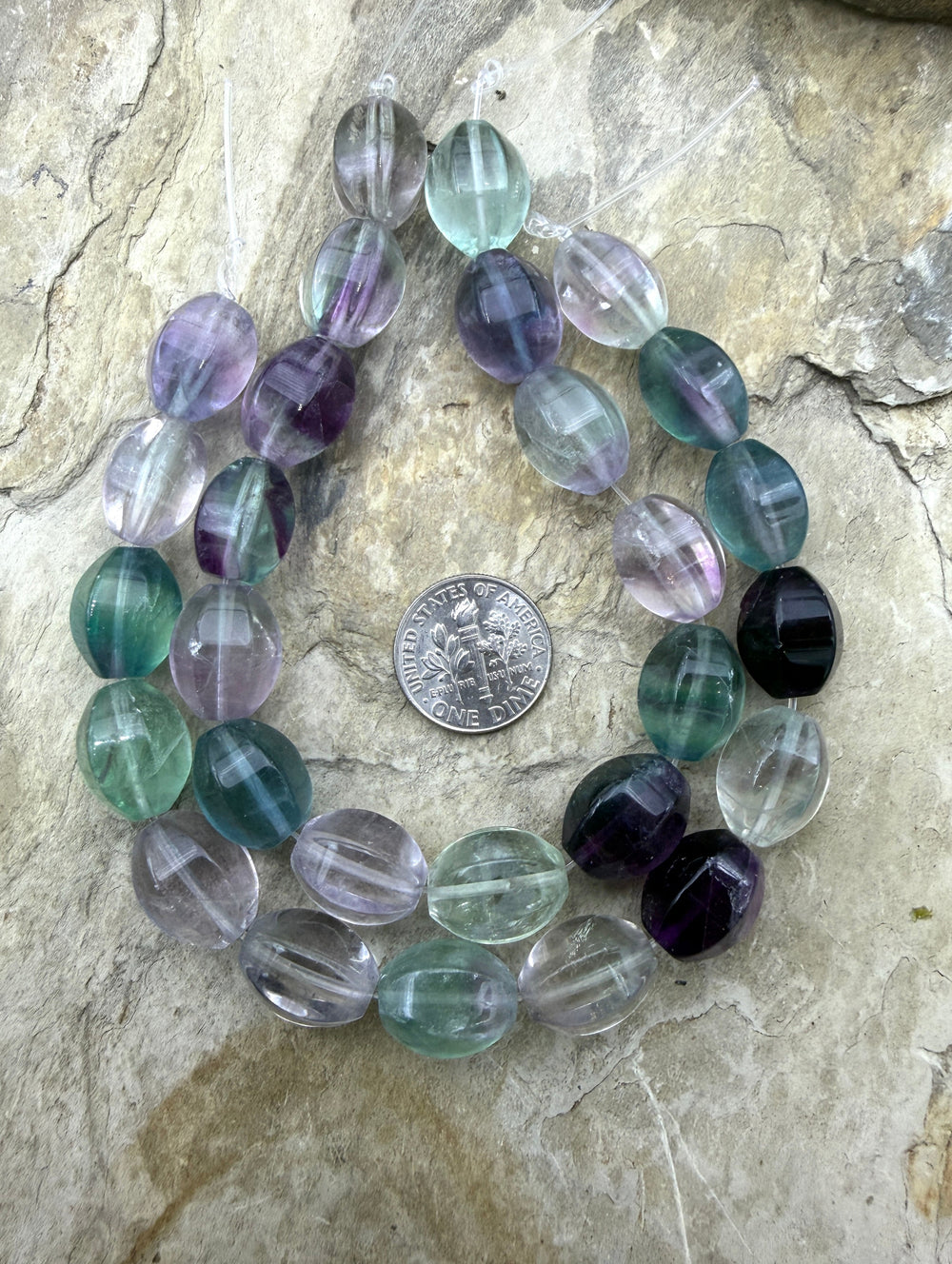 Rainbow Fluorite 10x15 Fancy Melon Beads/8 Inch Strand/ 14
