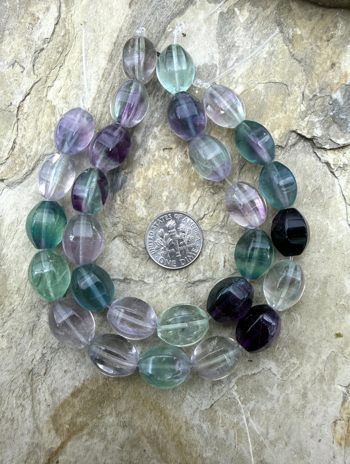 Rainbow Fluorite 10x15 Fancy Melon Beads/8 Inch Strand/ 14