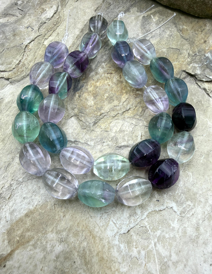 Rainbow Fluorite 10x15 Fancy Melon Beads/8 Inch Strand/ 14
