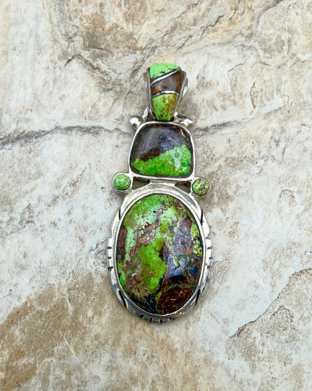 RARE Gaspeite (Canada) Sterling Silver Multi-Stone Pendant
