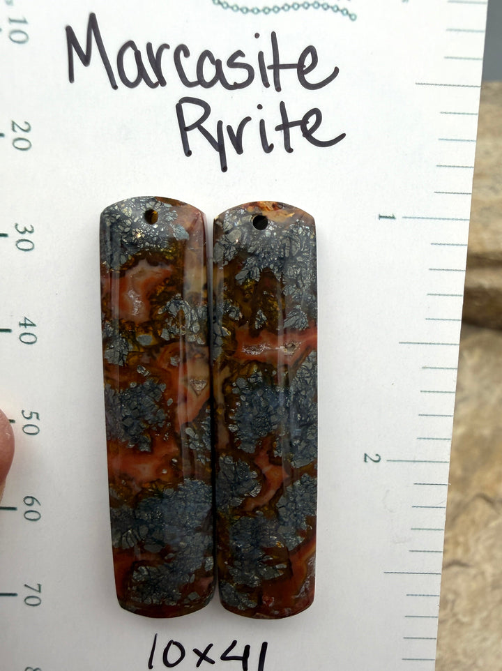 Red Marcasite Pyrite Matching Earring Slab Bead Pair