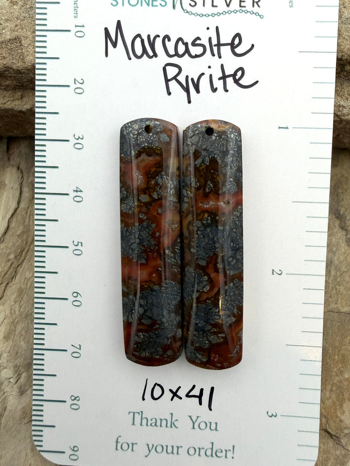 Red Marcasite Pyrite Matching Earring Slab Bead Pair