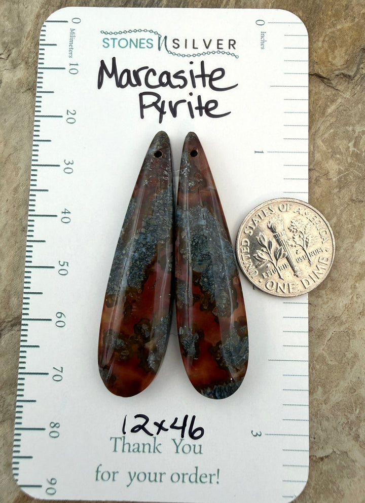 Red Marcasite Pyrite Matching Earring Slab Bead Pair
