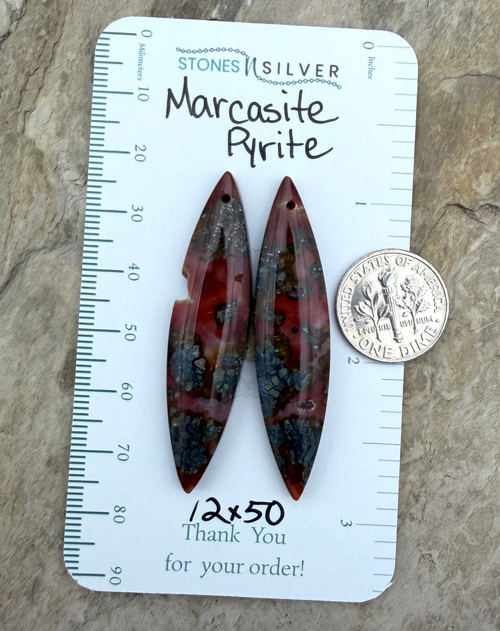 Red Marcasite Pyrite Matching Earring Slab Bead Pair