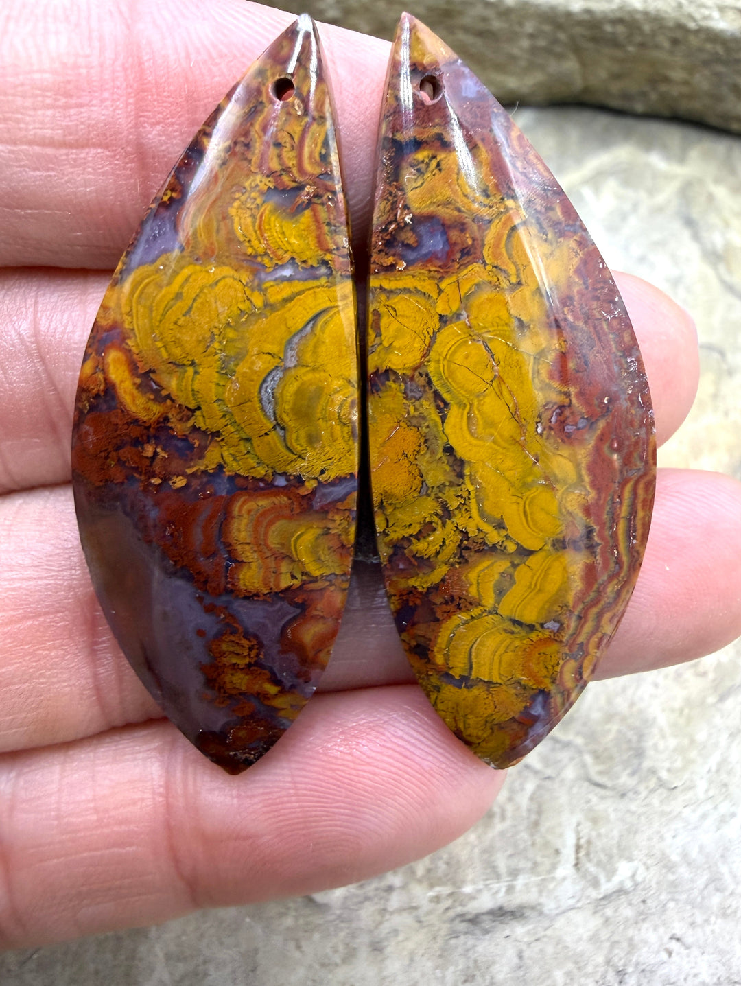 Red Plume Agate BIG Matching Earring Slab Bead Pair 17x46mm