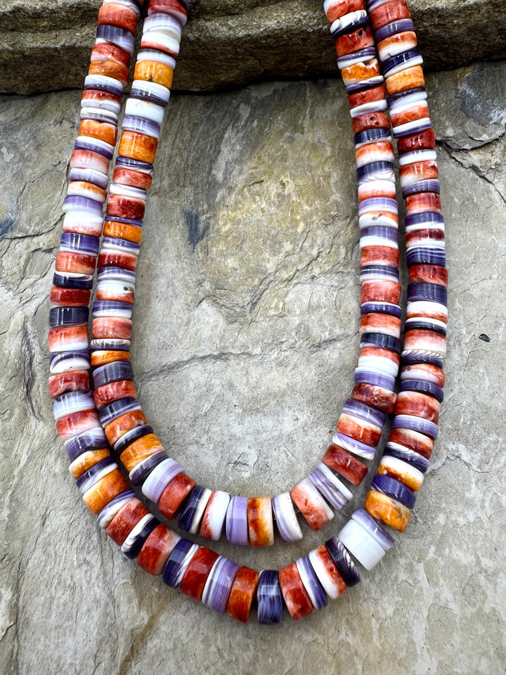 Red Spiny Oyster and Purple Wampum/Quahog Shell 8mm Heishi