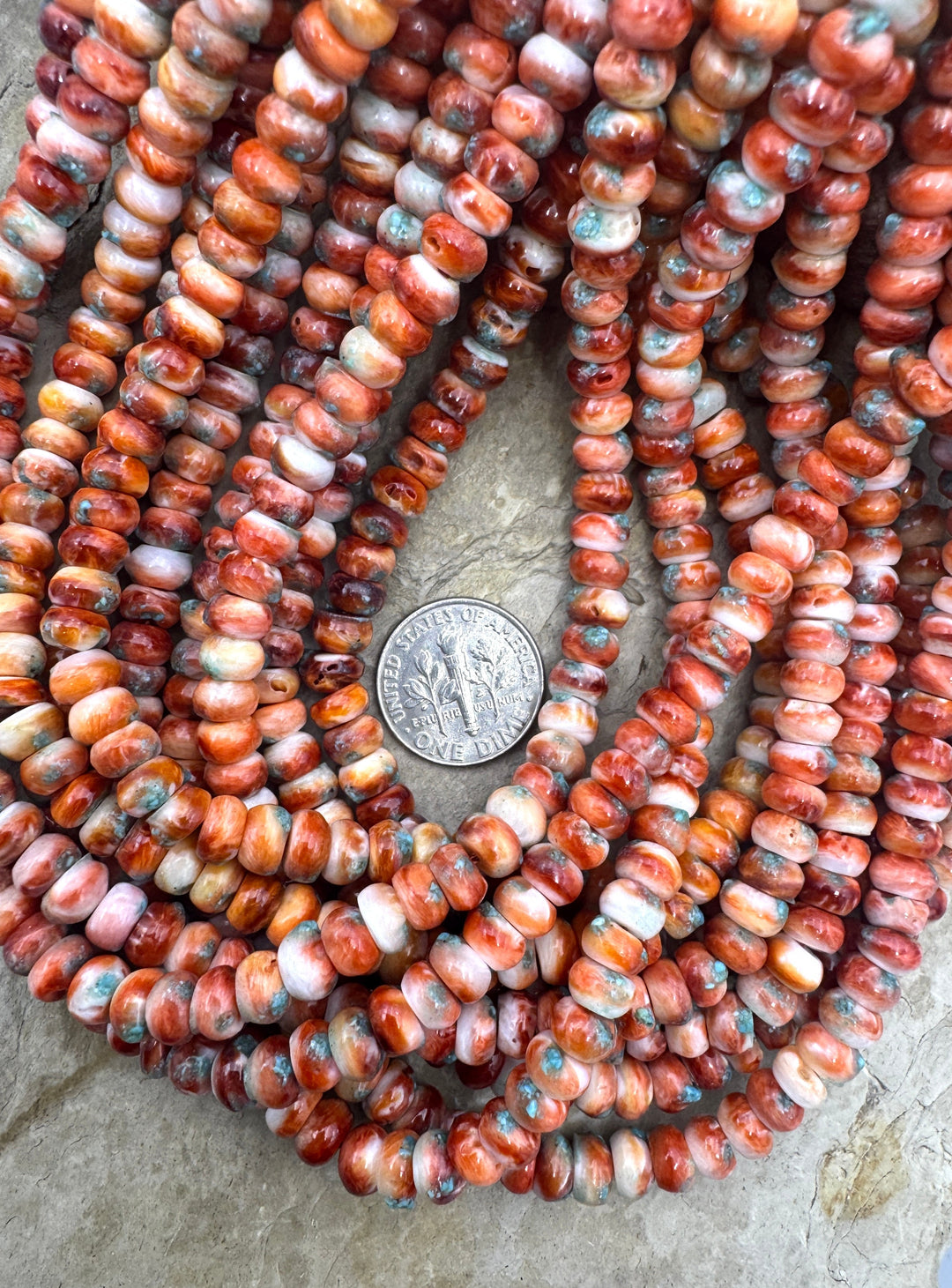 Red Spiny Oyster with Turquoise Inlay 6mm Rondelle Beads 16