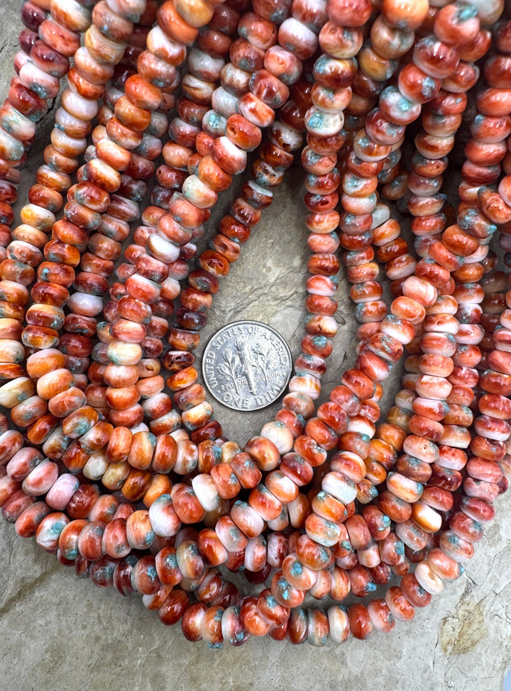 Red Spiny Oyster with Turquoise Inlay 6mm Rondelle Beads 16