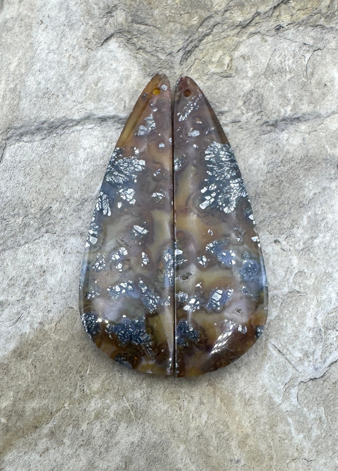 Red/Yellow Macasite Pyrite Matching Earring Slab Bead Pair