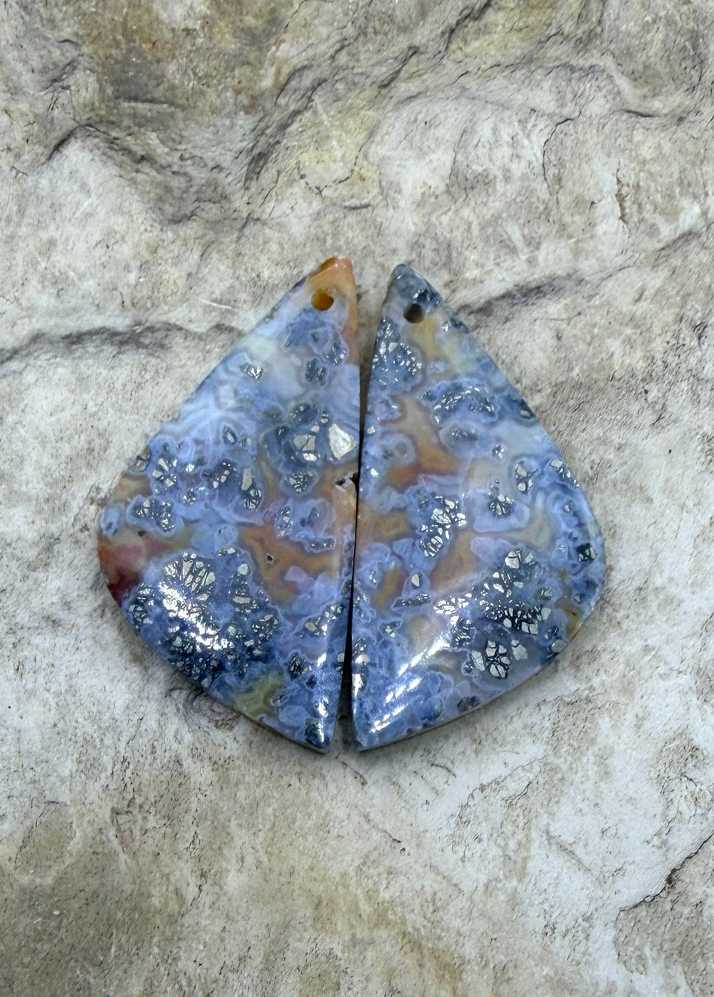 Red/Yellow Macasite Pyrite Matching Earring Slab Bead Pair