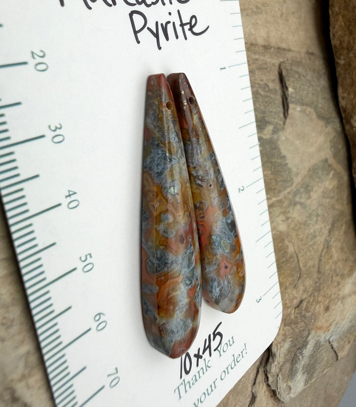 Red/Yellow Marcasite Pyrite Matching Earring Slab Bead Pair