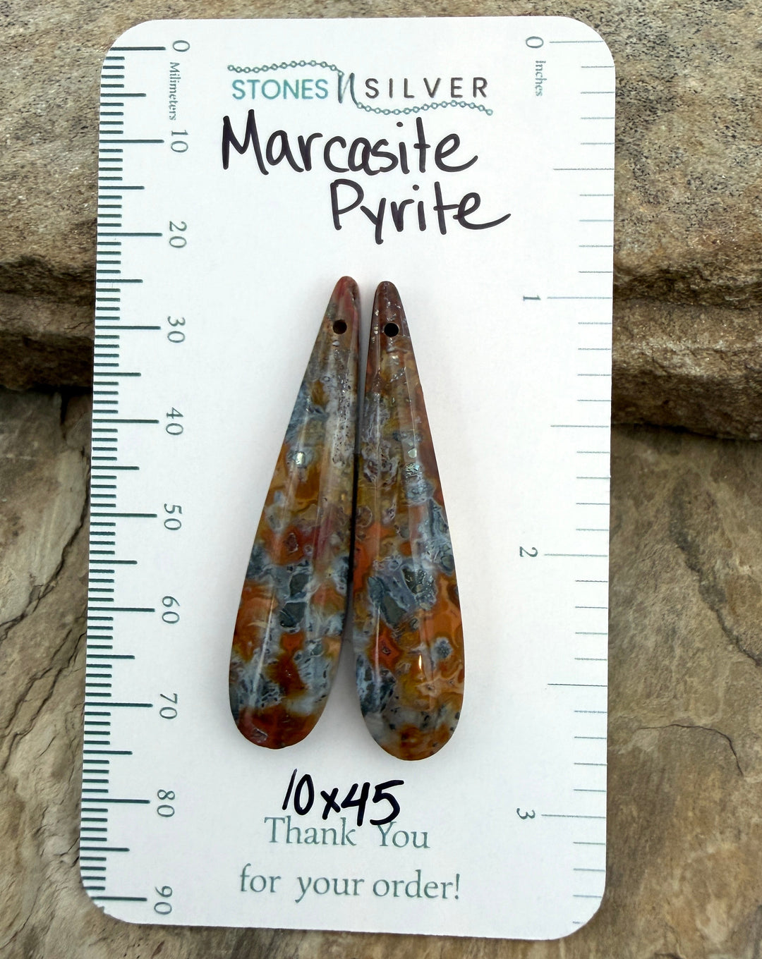 Red/Yellow Marcasite Pyrite Matching Earring Slab Bead Pair