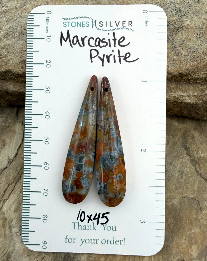 Red/Yellow Marcasite Pyrite Matching Earring Slab Bead Pair
