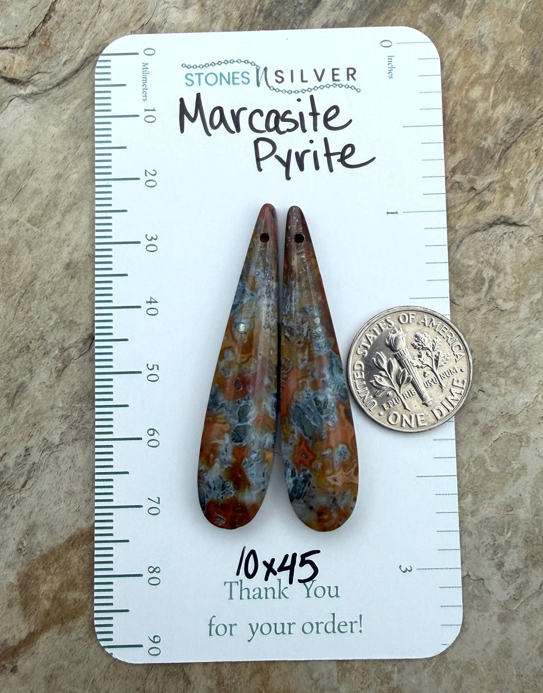 Red/Yellow Marcasite Pyrite Matching Earring Slab Bead Pair