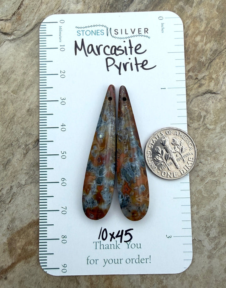 Red/Yellow Marcasite Pyrite Matching Earring Slab Bead Pair