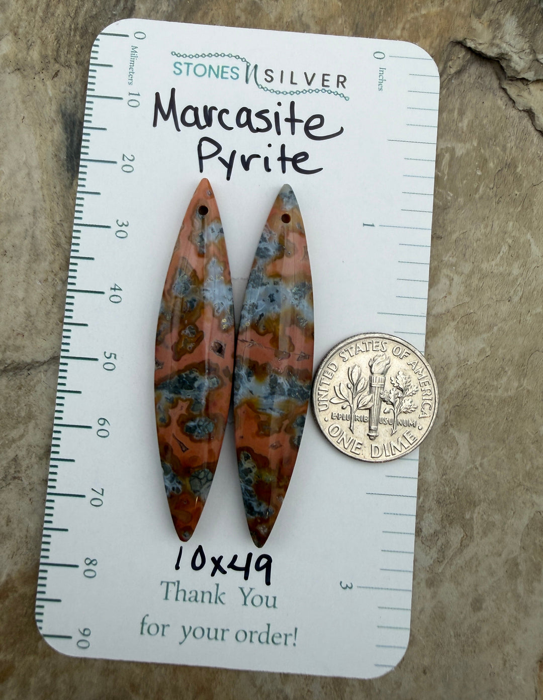 Red/Yellow Marcasite Pyrite Matching Earring Slab Bead Pair